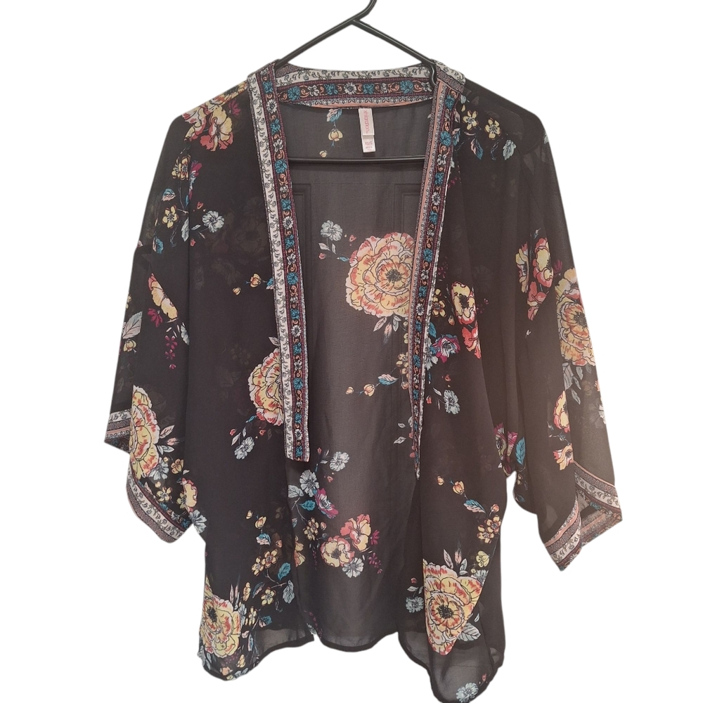 Xhilaration Black Floral Lightweight Open-front Kimono Coverup, Sz Xs/S